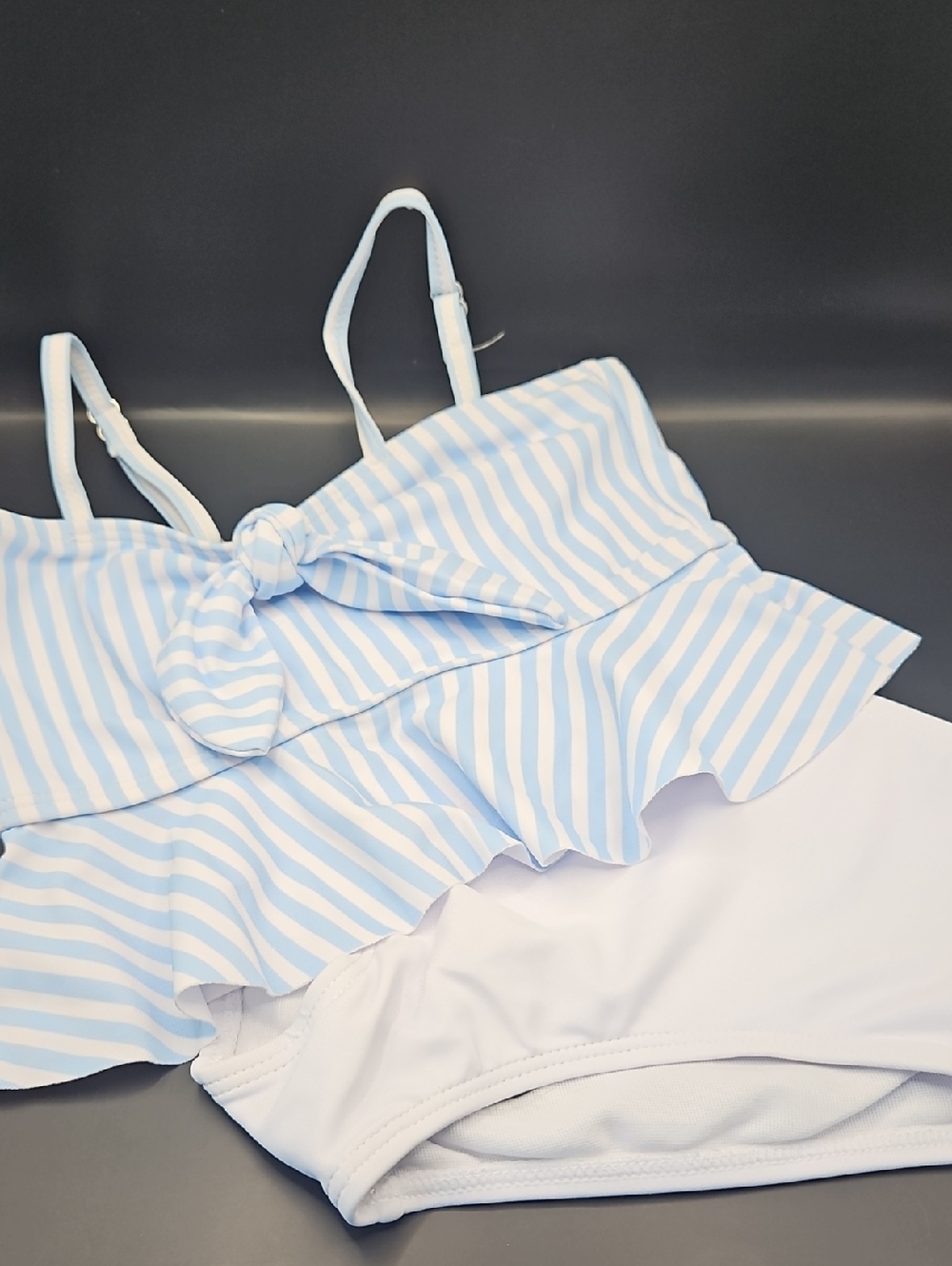 Girls Light Blue and White Striped Ruffle Bikini Set